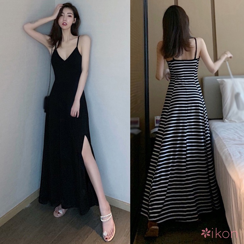 Đầm Dài Không Tay Cổ Chữ V Xẻ Tà Họa Tiết Kẻ Sọc Phong Cách Hàn Quốc cho nữ