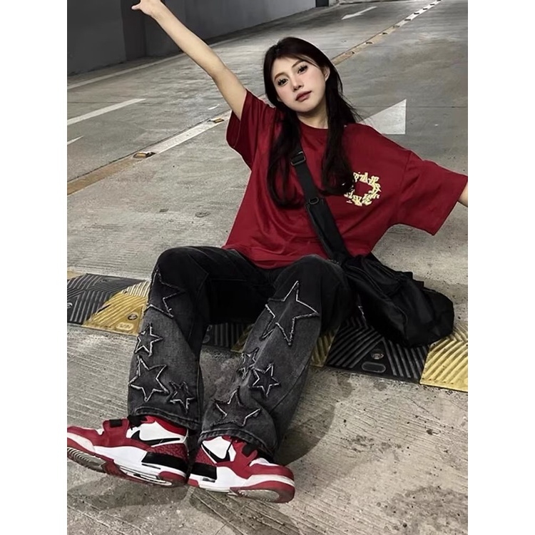 Quần Jean Ống Rộng Thêu Ngôi Sao Màu Gradient Phong Cách Đường Phố Mỹ Hàng Mới A3g4