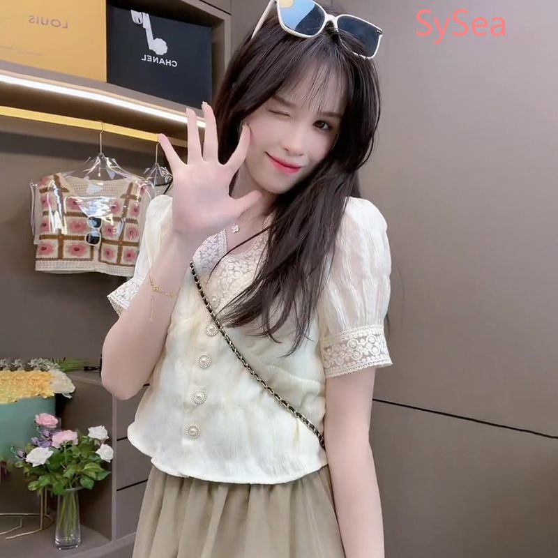 Áo Kiểu Tay Phồng Cổ Chữ V Phối Ren Phong Cách Retro Pháp