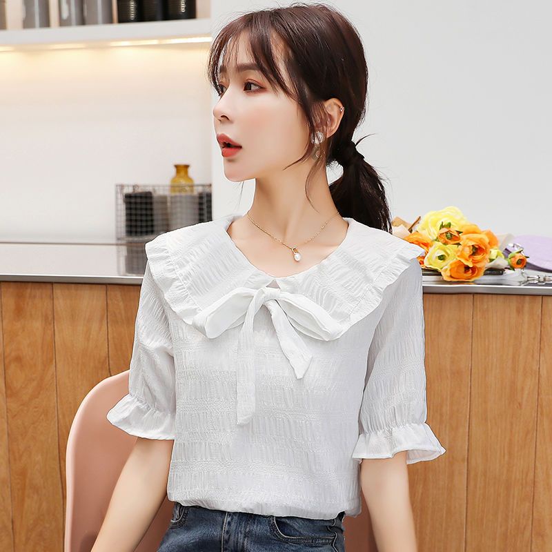 Áo Sơ Mi Chiffon Cổ Búp Bê Tay Ngắn Thời Trang Mùa Hè 2023 Mới Cho Nữ