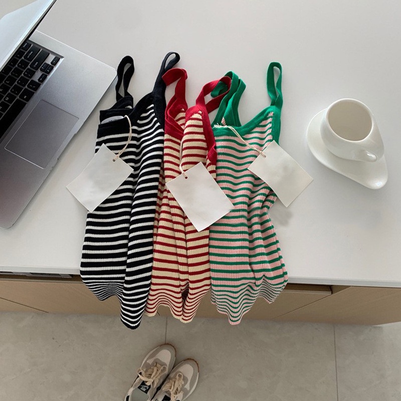 Áo Hai Dây Dệt Kim Ôm Dáng Họa Tiết Kẻ Sọc Phong Cách Pháp Thời Trang Cho Nữ