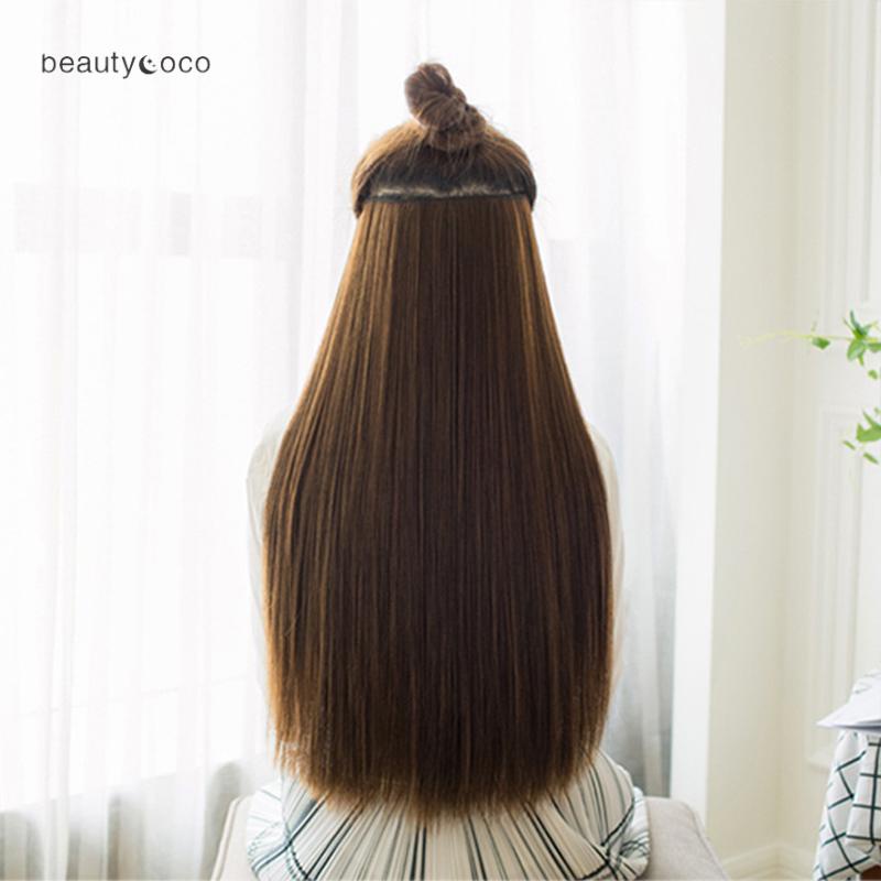 Beautycoco🍊Tóc giả dáng thẳng dài có 5 kẹp giữ màu đen/ nâu thời trang 60cm-hình thật