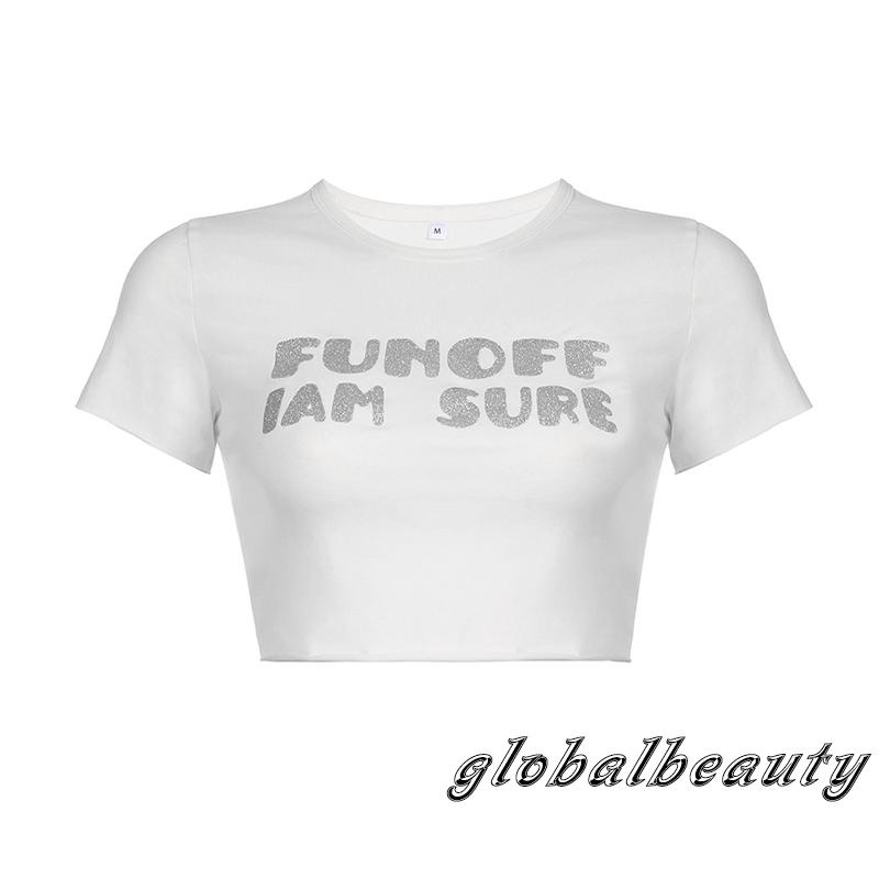 Áo Thun Crop Top Tay Ngắn In Chữ Đính Kim Sa Dễ Thương Dành Cho Nữ