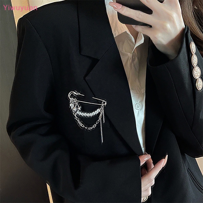 < Yiwuyuan > Cài Áo Màu Bạc Mặt Dây Tua Rua Đính Ngọc Trai Đen Phong Cách Punk Gothic Harajuku Đường Phố Mới Cho Nam Và Nữ