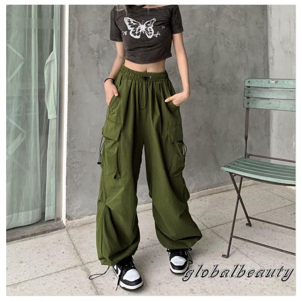 Quần Dài Dáng Rộng Màu Trơn Lưng Thun Phối Túi Thời Trang Đường Phố Cho Nữ