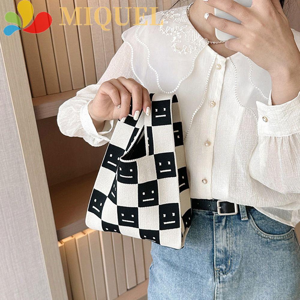 Túi Tote Đựng Mỹ Phẩm Son Môi Kẻ Sọc Caro Phối Hình Mặt Cười Phong Cách Hàn Quốc Cho Nữ