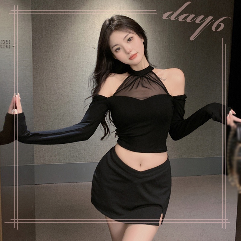 Áo Croptop Tay Dài Phối Lưới Màu Sắc Thanh Lịch Cho Phái Nữ