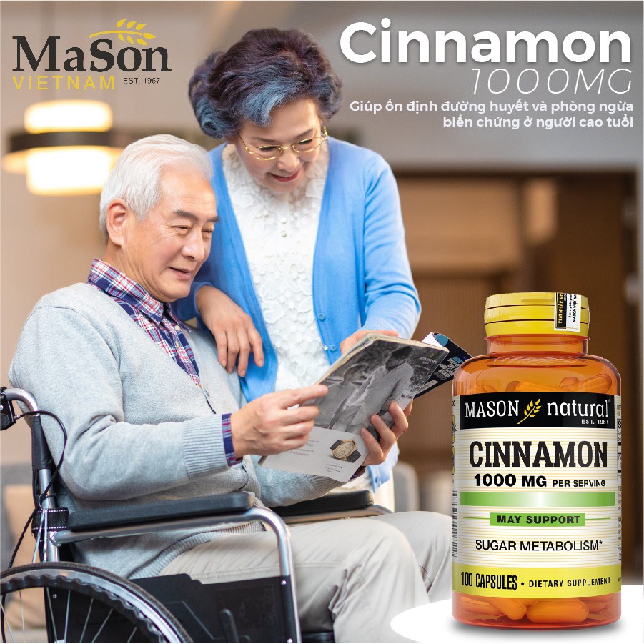 Viên uống ổn định đường huyết Mason Natural Cinnamon 1000mg hỗ trợ chuyển hoá đường và giảm cholesterol. Hộp 100 viên