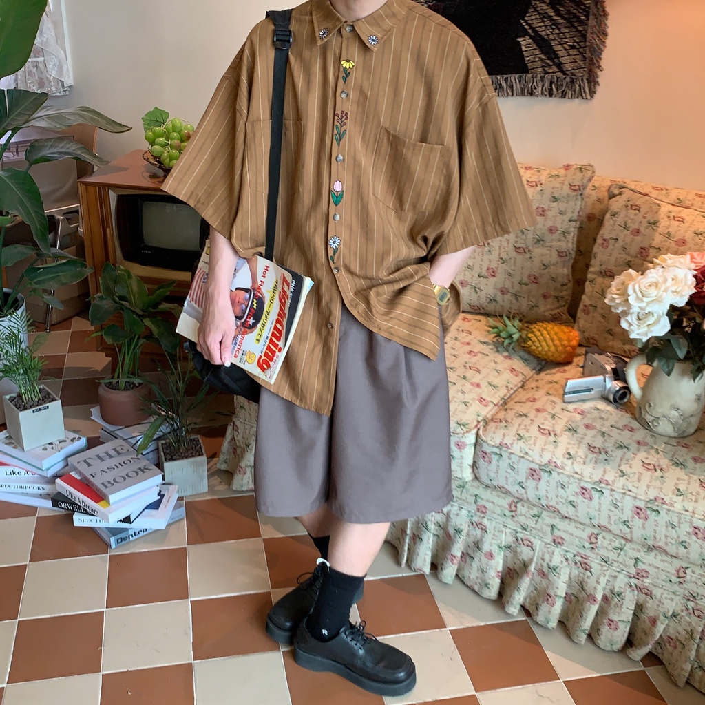 Áo Sơ Mi Ngắn Tay Họa Tiết Sọc Dọc Vintage Thời Trang Cho Nam