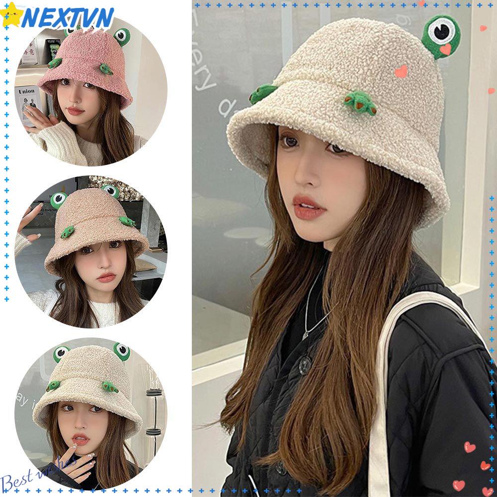 Mũ Bucket Chất Liệu Nhung Lông Cừu Nhân Tạo Hình Chú Ếch Cho Nữ