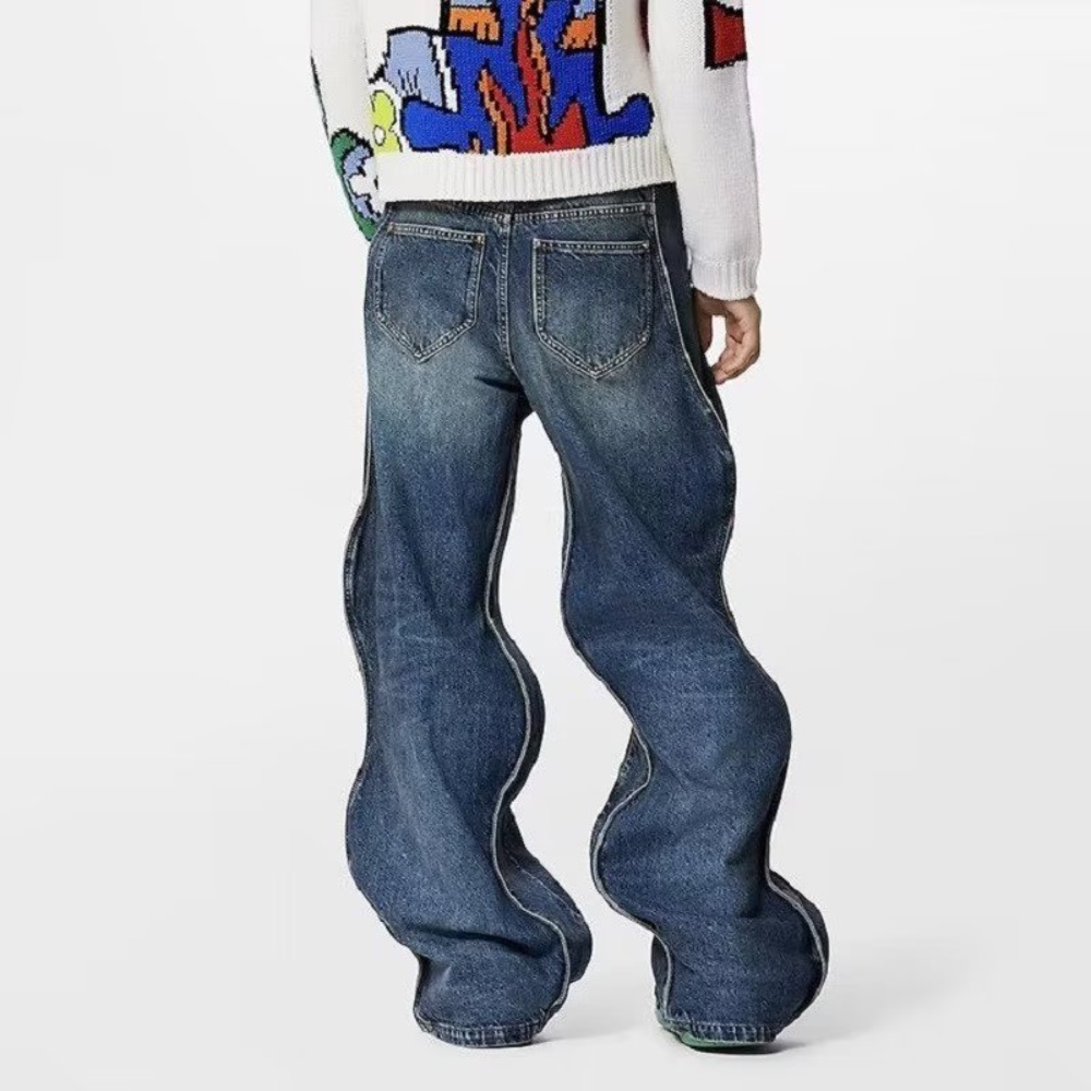 Wang Jiaer Quần Jean Dài Dáng Rộng Ống Đứng Họa Tiết Sóng Biển Đường Phố Mỹ Thời Trang Xuân Thu Cho Nam
