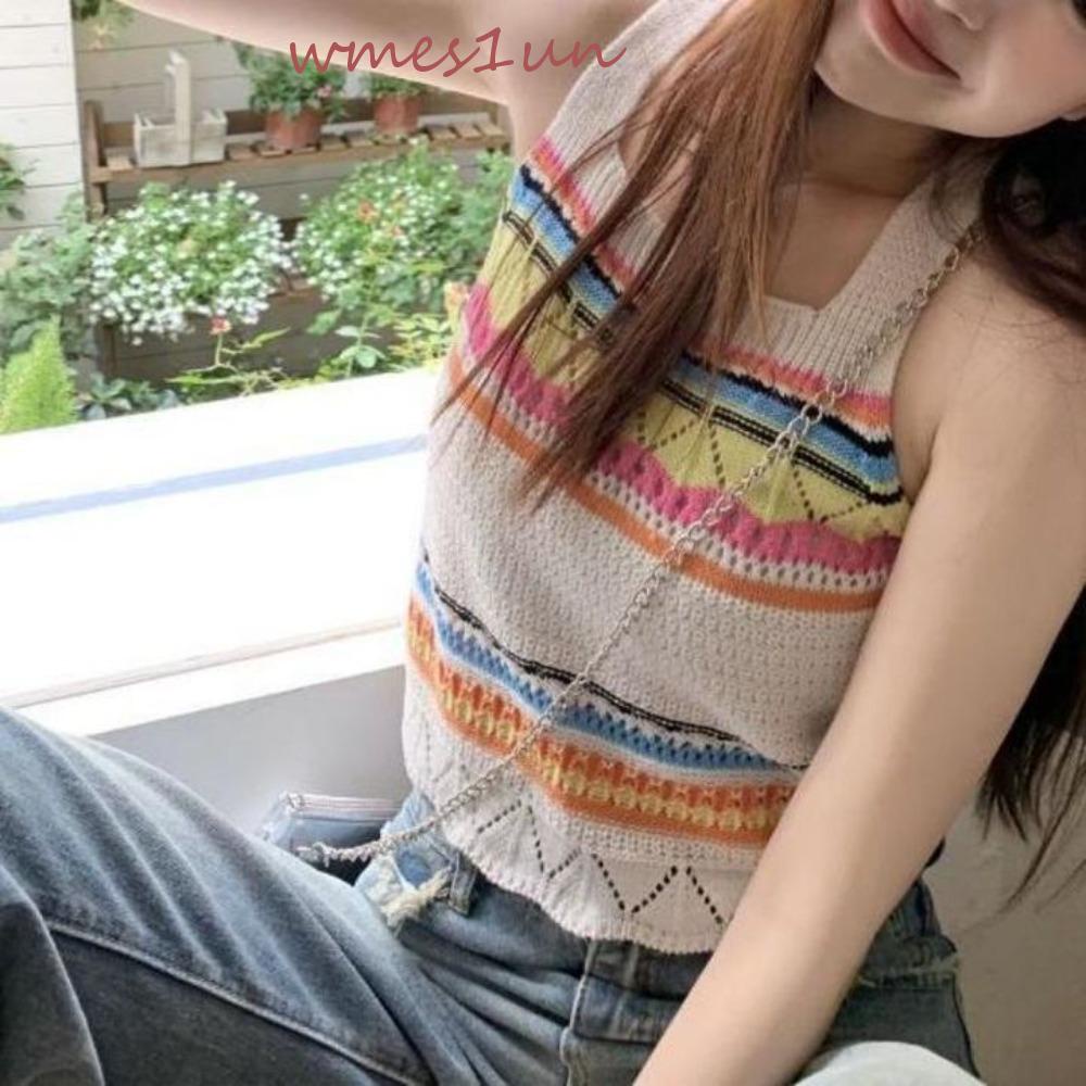 Áo Dệt Kim Dáng Ngắn Họa Tiết Kẻ Sọc Phong Cách Bohemian Hàn Quốc WMES15H