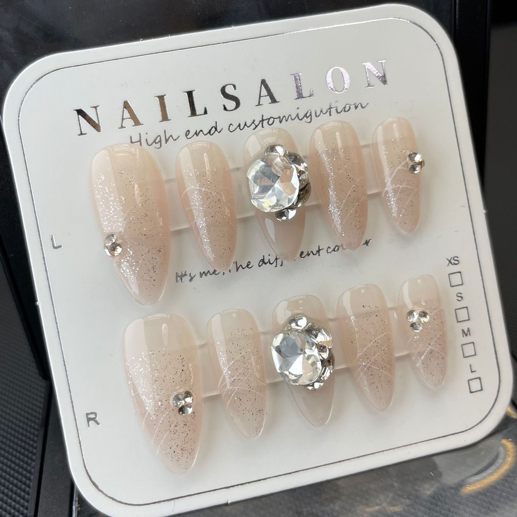 [HANDMADE] Móng Tay Giả Kim Cương Màu Mơ Nude Lớn Tái Sử Dụng Được Và Tháo Rời