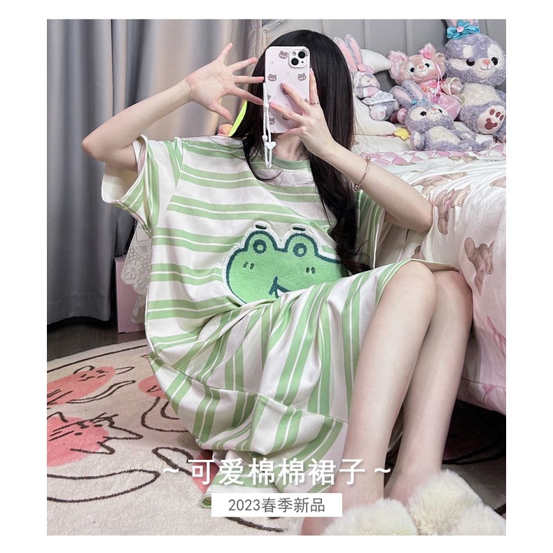 Đồ ngủ Chất Liệu Cotton Mỏng Tay Ngắn Họa Tiết Kẻ Sọc Dễ Thương Thời Trang Mùa Hè Cho Nữ