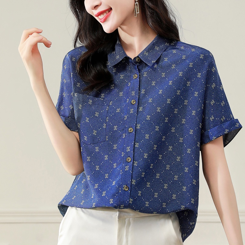 Áo Sơ Mi Lụa Tay Ngắn Dáng Rộng In Họa Tiết Giả Denim Phong Cách Retro Dành Cho Nữ