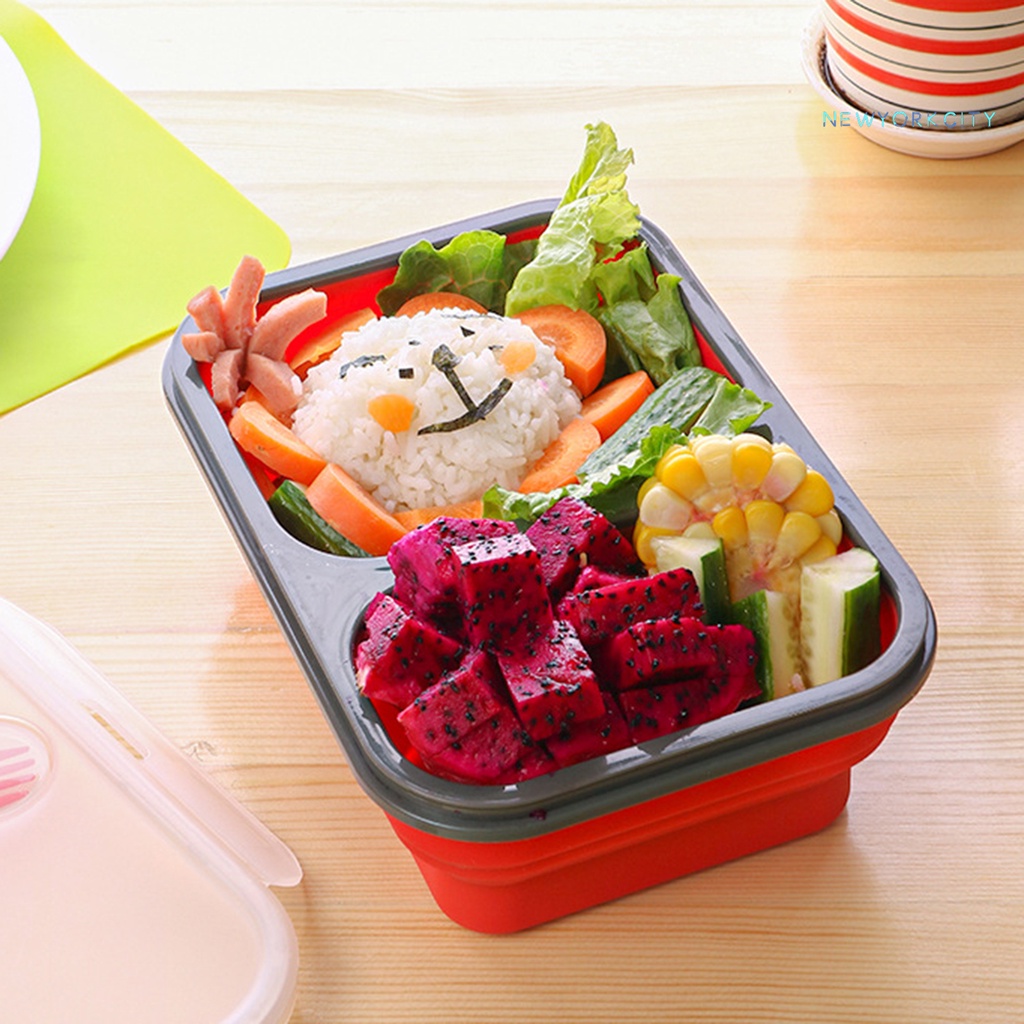 1 Bộ Hộp Đựng Thức Ăn Trưa 600 / 700ml Bằng Silicone Có Thể Gập Lại Kèm Muỗng Cho Học Sinh / Nhân Viên Văn Phòng