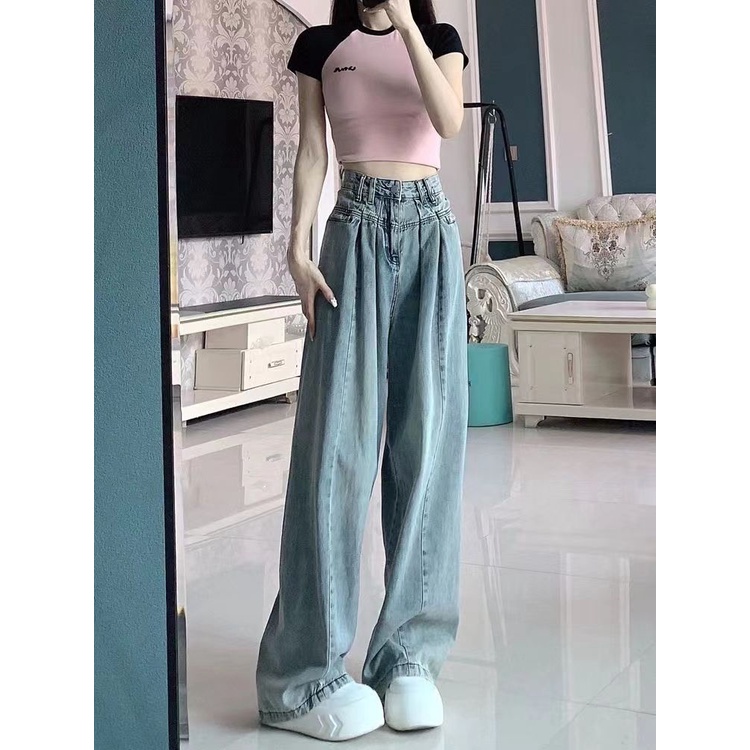 Quần Jean Ống Rộng Lưng Cao Thời Trang Mùa Hè Phong Cách Retro Mỹ Cho Nữ