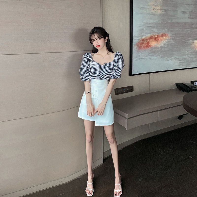 Bộ Áo Tay Phồng Trễ Vai + Chân Váy Ngắn Lệch Tà Thời Trang Mùa Hè 2023 Phong Cách Mới Cho Nữ