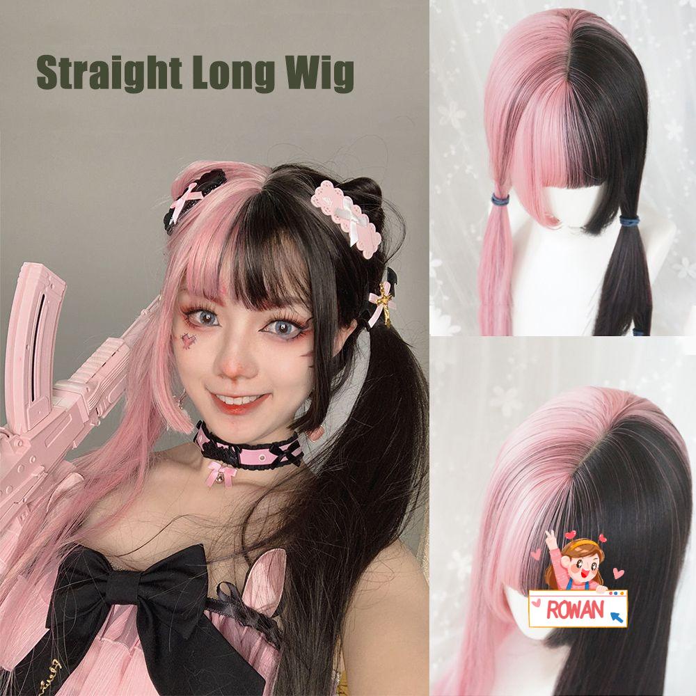 ROWANS Tóc Giả Dài Thẳng Màu Đen Hồng Phong Cách Harajuku Cho Nữ