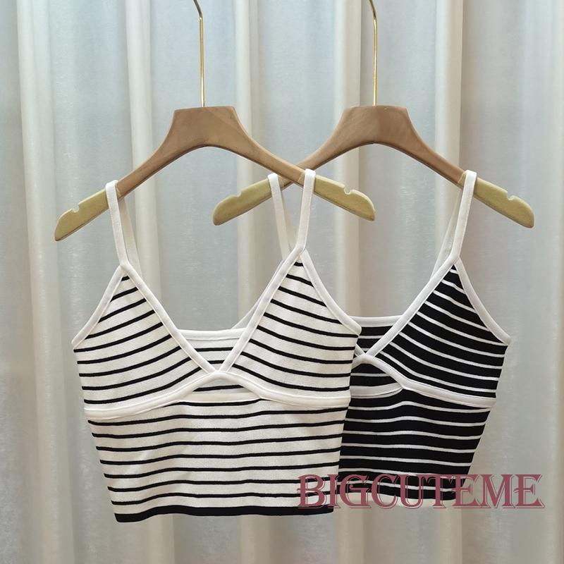 Áo Hai Dây Cổ Chữ V Khoét Sâu Họa Tiết Kẻ Sọc Cho Nữ