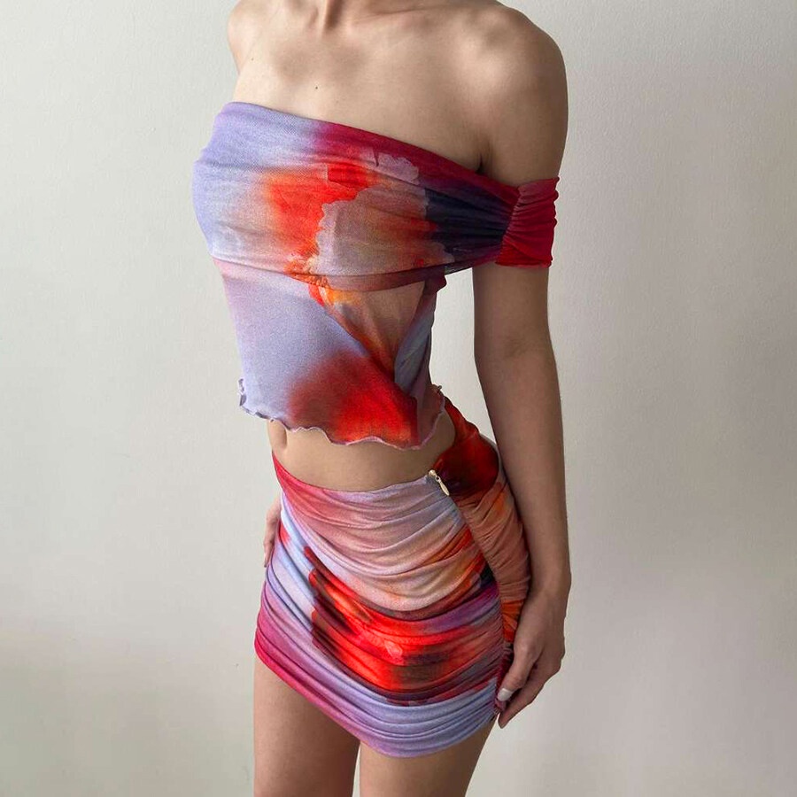 Weird Puss Set Áo Croptop Trễ Vai Họa Tiết Hoa Và Chân Váy Lưng Thun Thời Trang Mùa Hè Xinh Xắn Cho Nữ