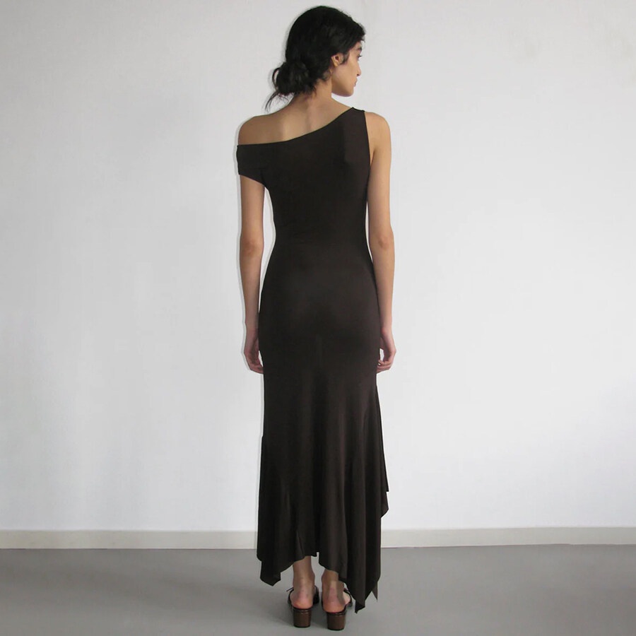 Weird Puss Đầm Maxi Lệch Vai Ôm Dáng Co Giãn Màu Trơn Đơn Giản Thanh Lịch Cho Nữ