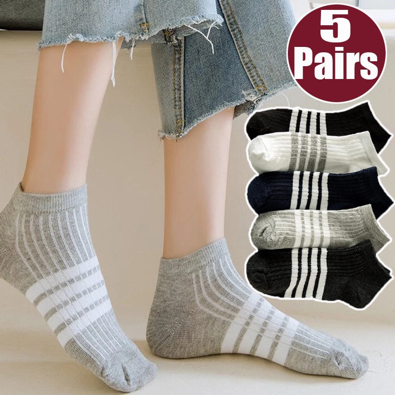 Bộ 5 Đôi Vớ Cotton Cổ Thấp Họa Tiết Sọc Nhiều Màu Sắc Cho Nam Nữ