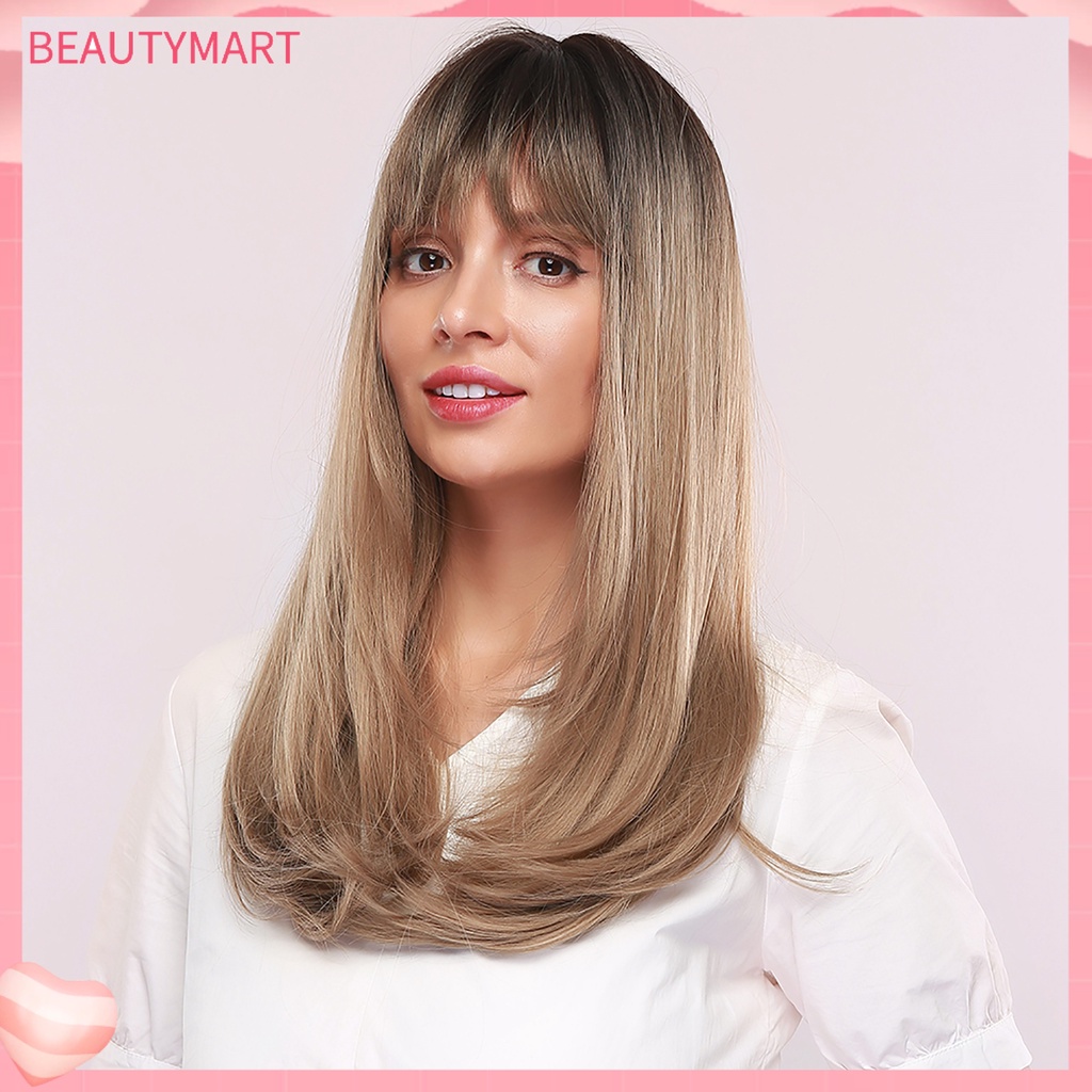 Bộ Tóc Giả Dài Mái Bằng Sợi Tổng Hợp Màu Vàng Nâu Thời Trang Dành Cho Nữ