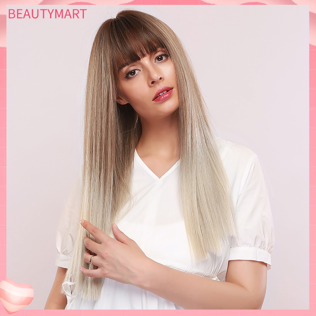 Bộ Tóc Giả Dài Thẳng Tự Nhiên 24 Inch Chịu Nhiệt Kèm Mái Bằng Sợi Tổng Hợp Dành Cho Nữ