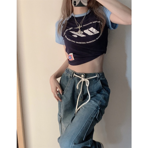 NZN Vintage lỏng lẻo dây rút co giãn thắt lưng hàng hóa quần thẳng chân rộng quần jean nữ