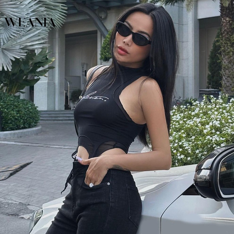 Weania Áo Croptop Lưới Kim Tuyến Đá Lấp Lánh Mùa Hè Cho Nữ