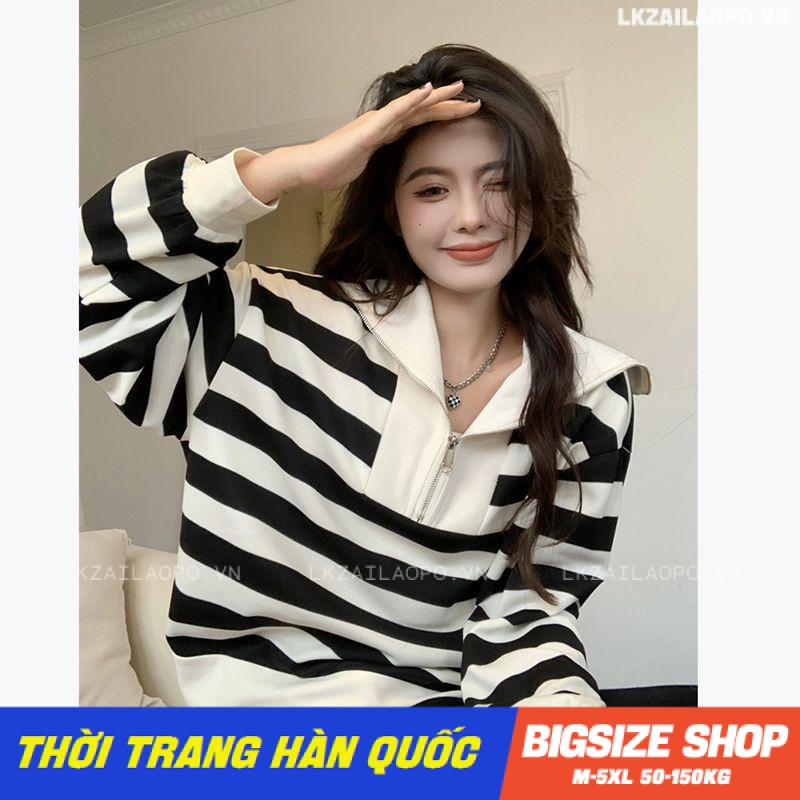 Áo thun nữ tay dài Bigsize Áo kẻ sọc kiểu form rộng có cổ mùa xuân Phong cách Hàn Quốc Thời Trang đẹp