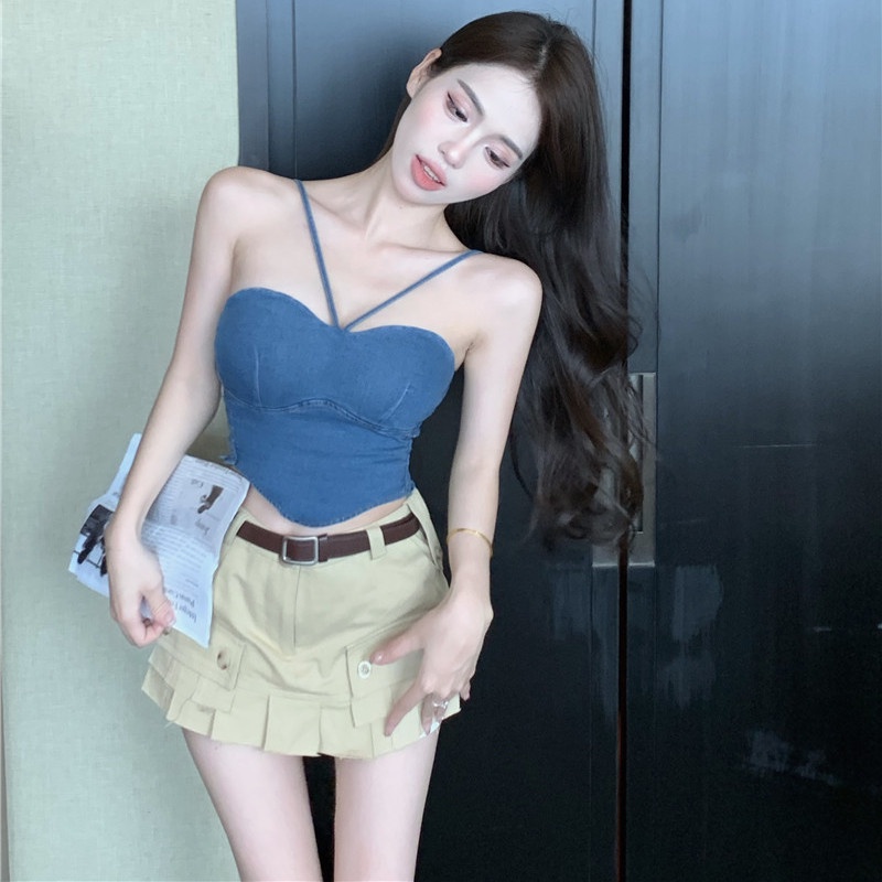 Áo Denim Hai Dây Dáng Ôm Thời Trang Mùa Hè Dễ Phối Đồ