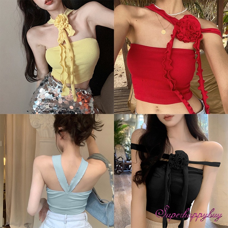 Áo Ngắn Trễ Vai Màu Trơn Họa Tiết Hoa Ba Chiều Thời Trang Cho Nữ