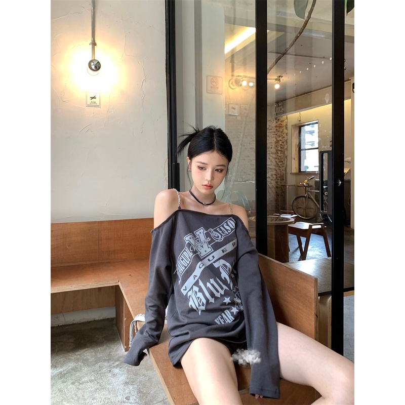 Áo Thun Tay Dài Dáng Rộng Hở Vai In Chữ Thời Trang Mùa Hè Phong Cách Vintage Mới