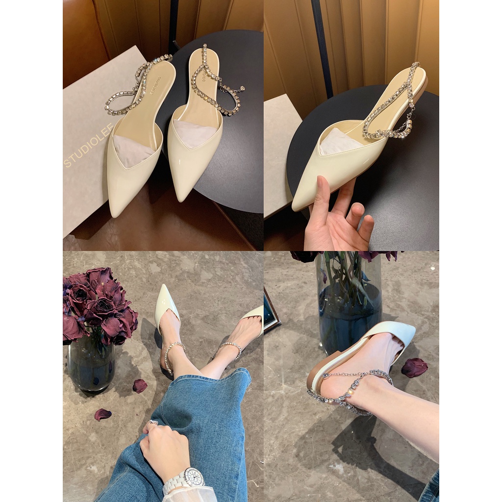 Giày Sandal Mũi Nhọn Đế Bằng Đính Đá Thời Trang Mùa Hè 2023 Cho Nữ