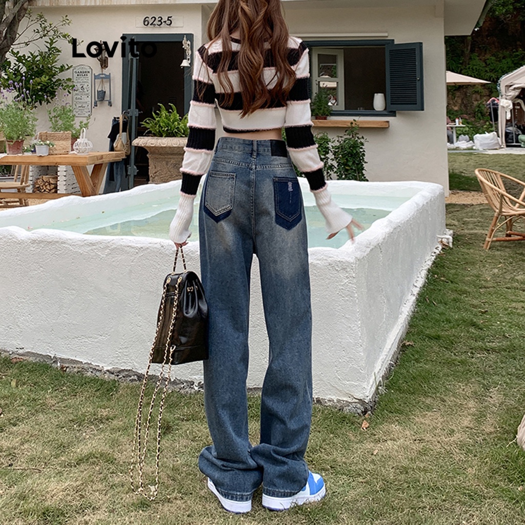 Lovito Quần jean thêu trơn giản dị Colorblock Slit Front With Pockets cho Nữ LNA09091 (Màu xanh da trời)