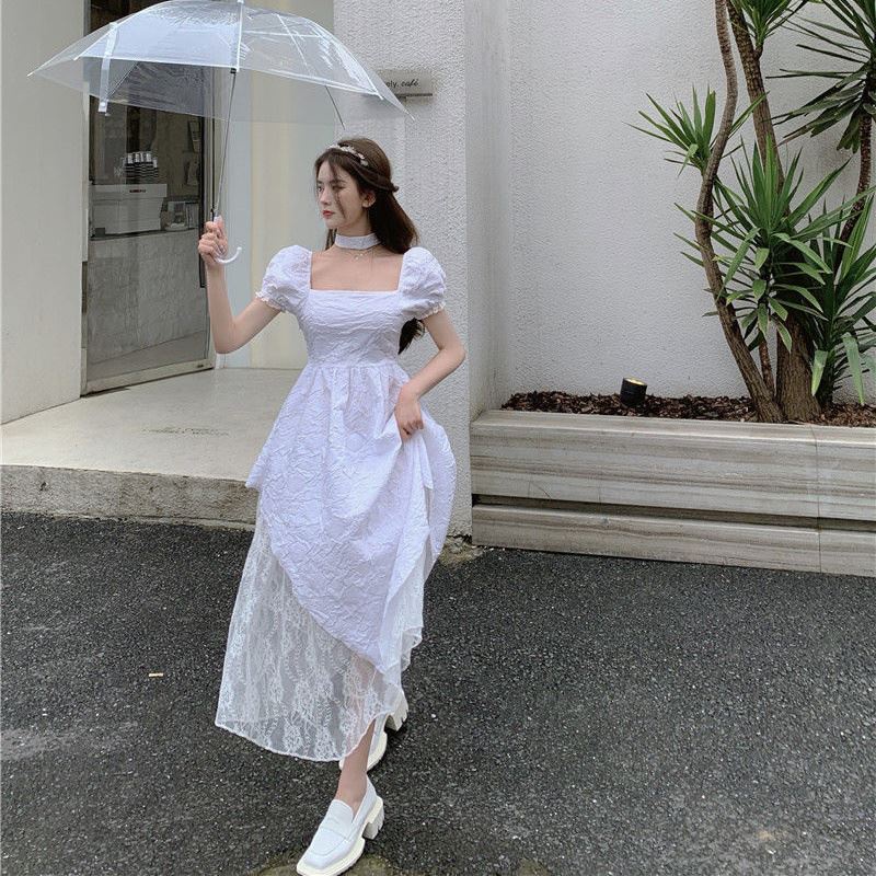 Đầm Trắng Dáng Vừa Tay Phồng Phối Ren Thiết Kế Lệch Tà Thời Trang Sang Trọng Cho Nữ