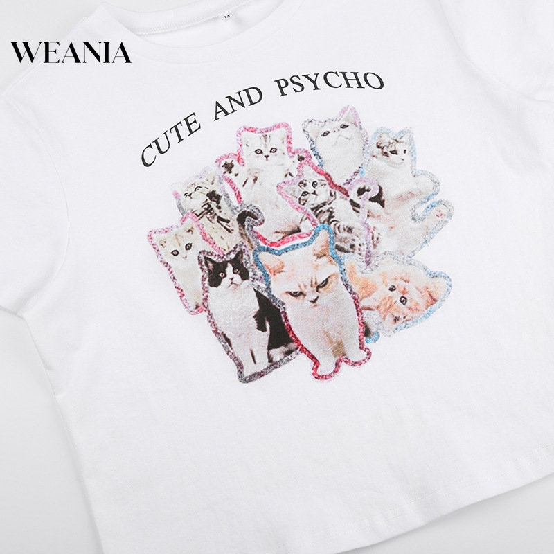 Áo Thun Ngắn Tay Dáng Rộng In Hình Mèo Dễ Thương Cho Nữ