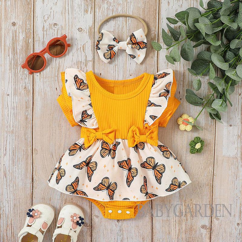 Set Áo Liền Quần &amp; Băng Đô Quấn Đầu In Hình Bướm Cho Bé Gái 0-18 Tháng Tuổi
