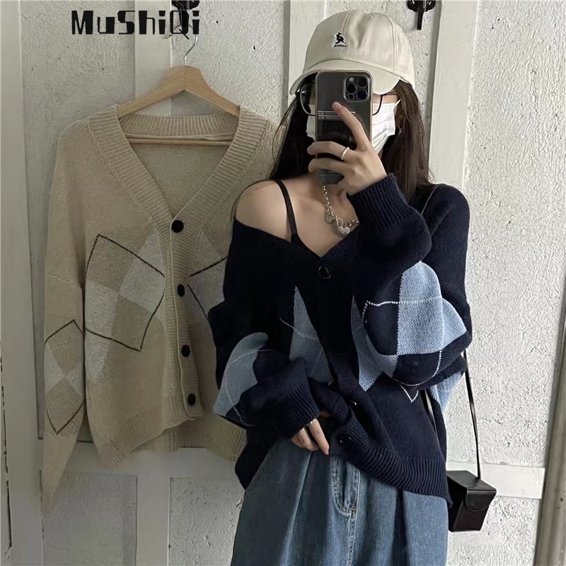 Áo Khoác cardigan Dệt Kim Cổ Chữ V Dáng Rộng Họa Tiết Kẻ Sọc Thời Trang Mới Cho Nữ