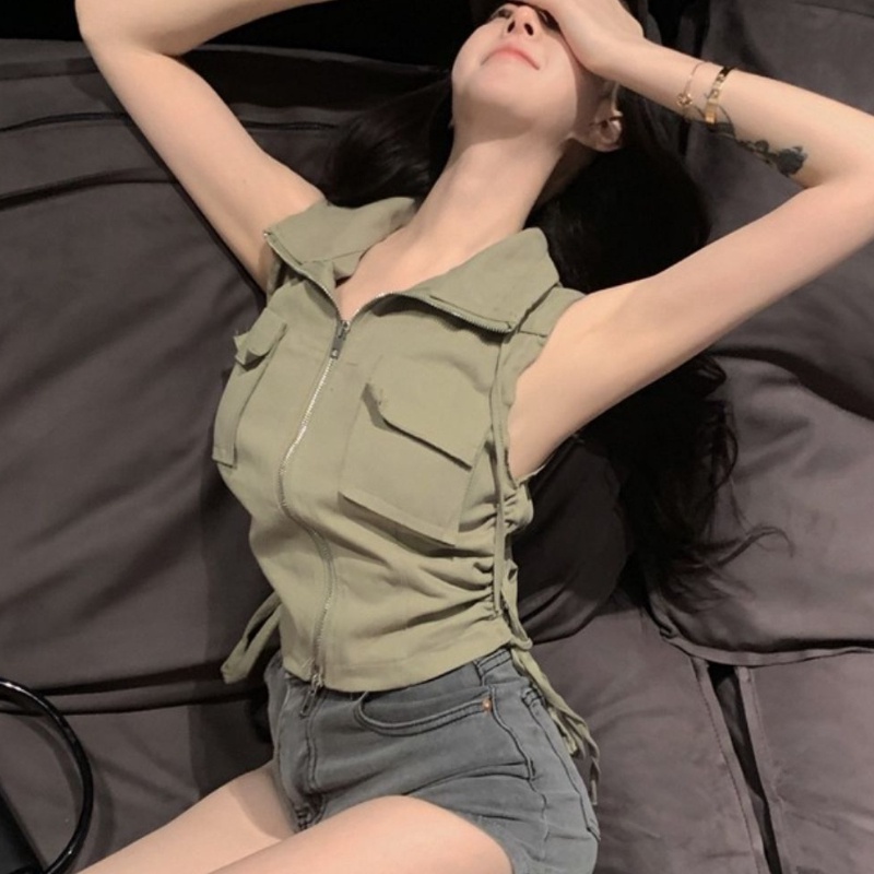 Áo sơ mi crop không tay màu trơn áo voan cổ polo áo sơ mi túi có khóa kéo áo khoác giản dị phong cách đường phố cá tính