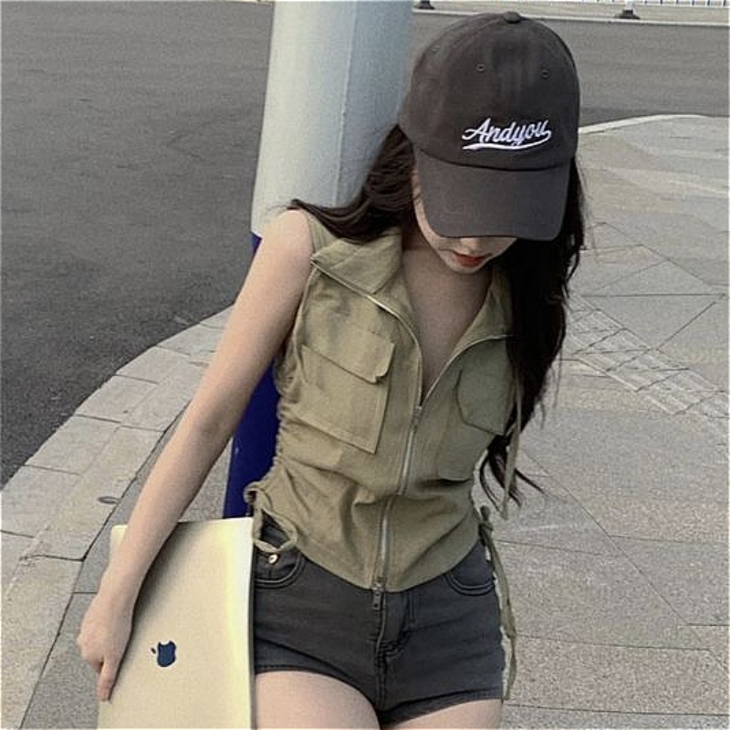 Áo sơ mi crop không tay màu trơn áo voan cổ polo áo sơ mi túi có khóa kéo áo khoác giản dị phong cách đường phố cá tính