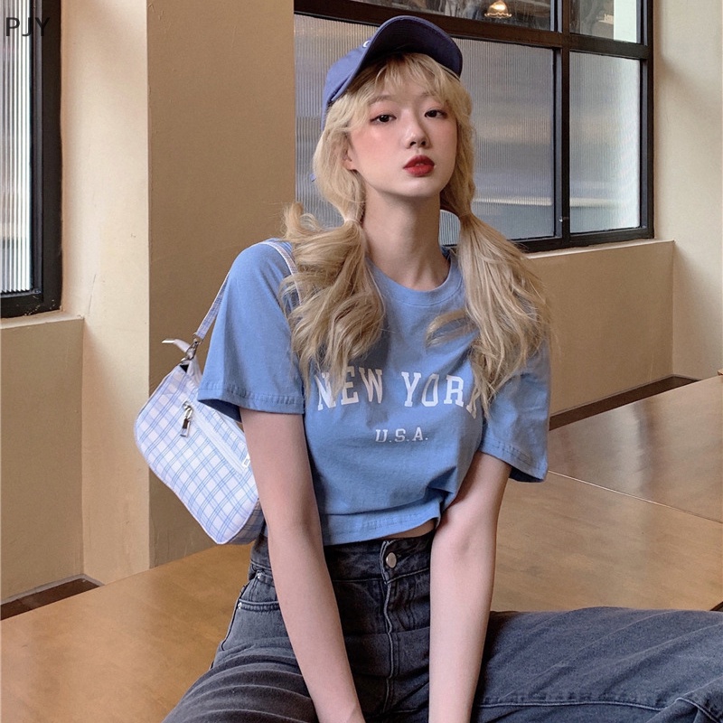 Áo Thun Crop Top Tay Ngắn Cổ Tròn Dáng Rộng In Chữ Thời Trang Mùa Hè Cho Nữ PJ