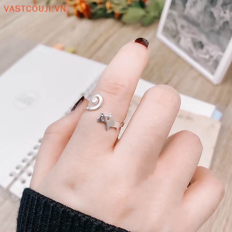 Nhẫn Hở Hình Mèo Màu Bạc Dễ Thương Có Thể Điều Chỉnh Cho Nữ