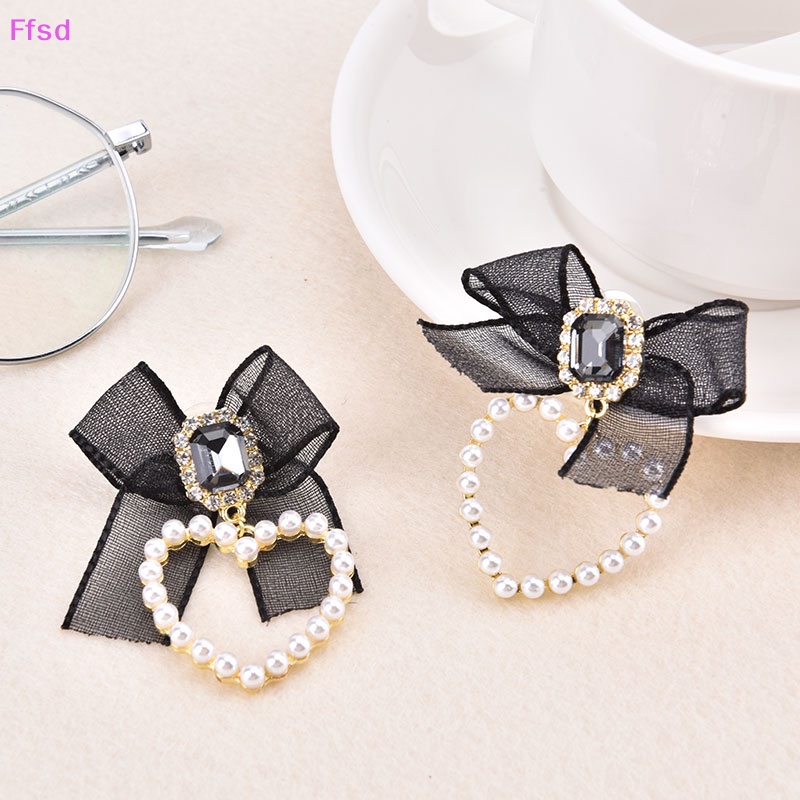 {Ffsd} Khuyên Tai Hình Nơ Đen Đính Ngọc Trai Nhân Tạo Ngọt Ngào