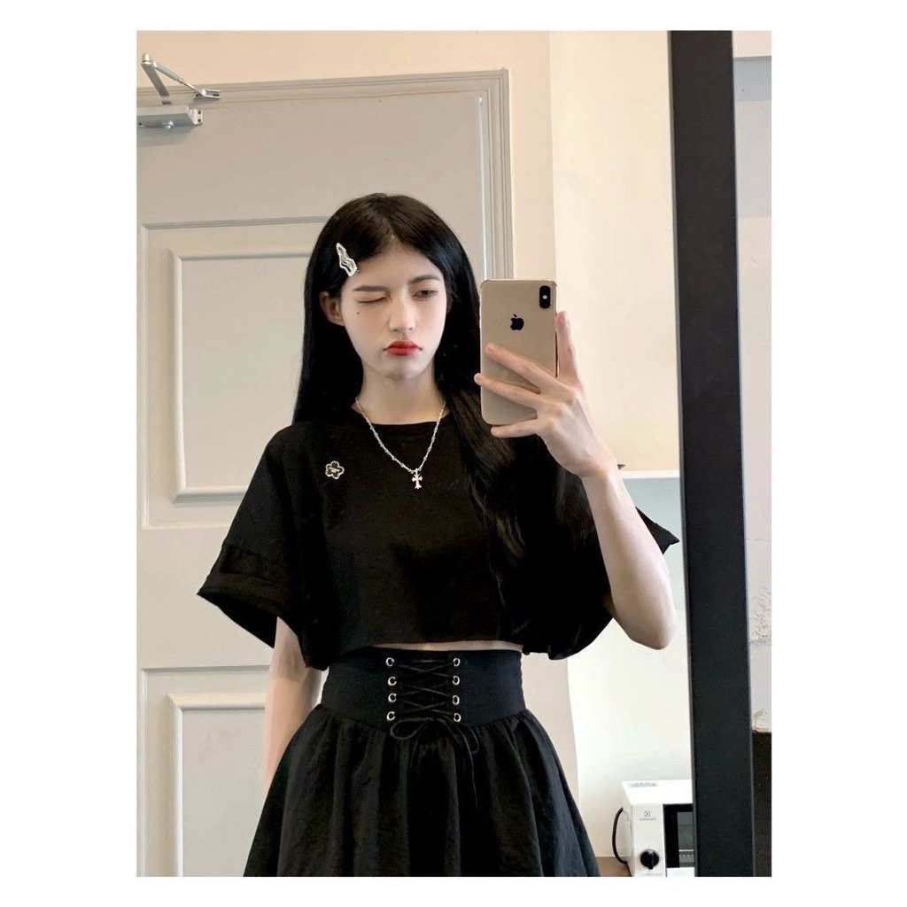 Set Áo Thun Ngắn Tay + Chân Váy Dây Rút Màu Đen Thời Trang Nữ