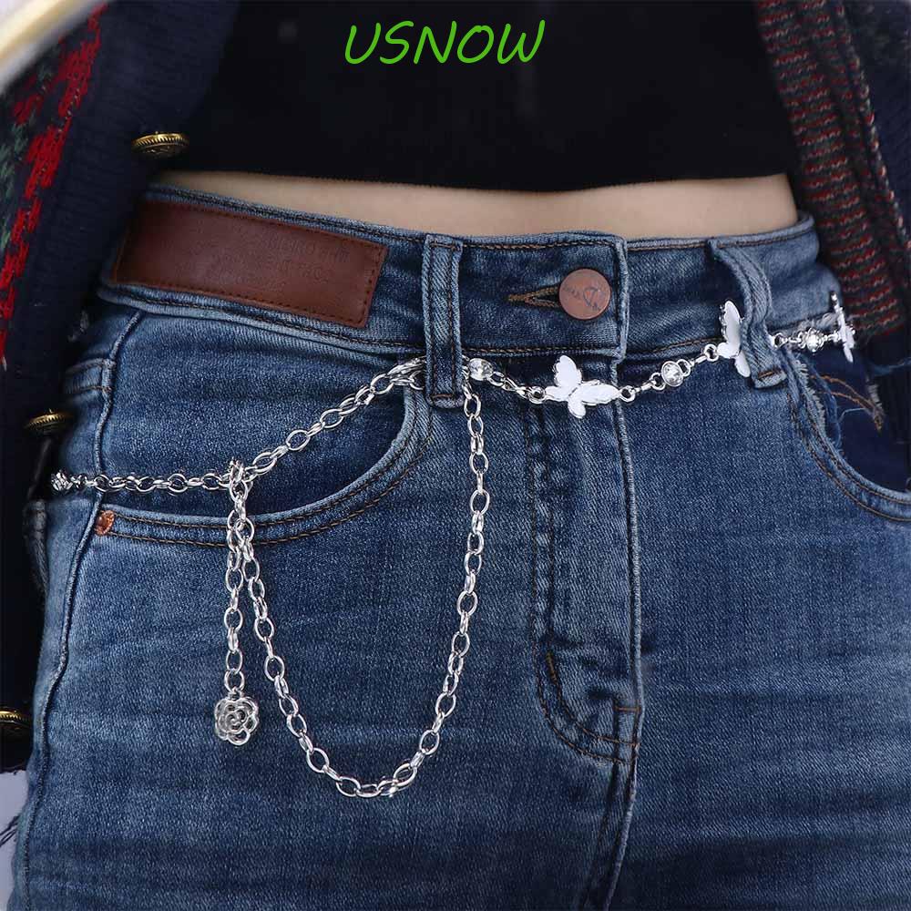 USNOW Dây Xích Đeo Thắt Lưng Màu Bạc Hình Bướm Đính Đá Gợi Cảm Cho Nữ