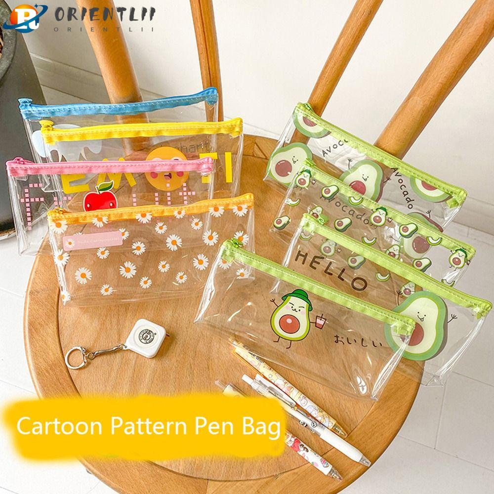 ORIENTLII Túi Đựng Bút Bằng PVC Trong Suốt Chống Nước Sức Chứa Lớn In Họa Tiết Hoa / Trái Cây Dễ Thương Cho Học Sinh