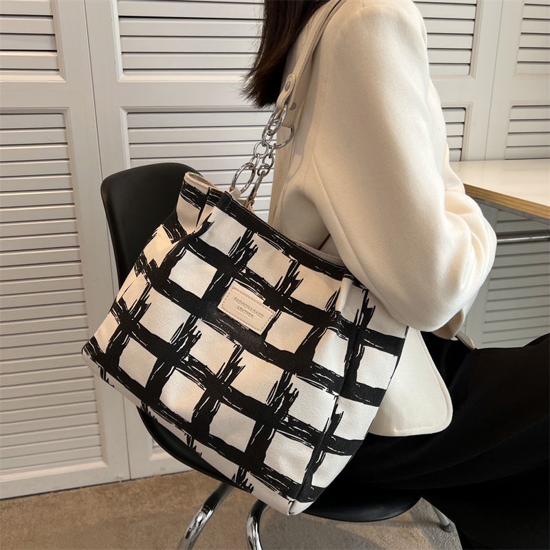 Túi Tote Đeo Vai Vải Canvas Cỡ Lớn Họa Tiết Kẻ Sọc Thời Trang Mùa Hè 2022 Mới Cho Nữ